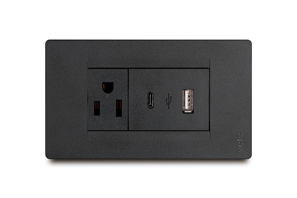 Toma Mixto Toma+USB A+C Negro Veto Premium