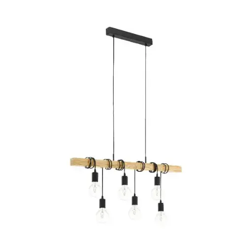 [020145] Lamp. Colg. 6L E27 Metal Negro+Madera Natural (1000x100)mm