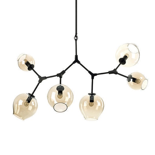 [180061] Lamp. Colg. 8L E27 Metal+Vidrio Negro+Ambar (mm)